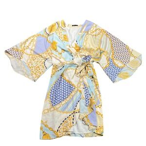 MOTF SHEIN Women's Large Scarf Print Wrap Mini Dress Blue Gold Chain Tassel